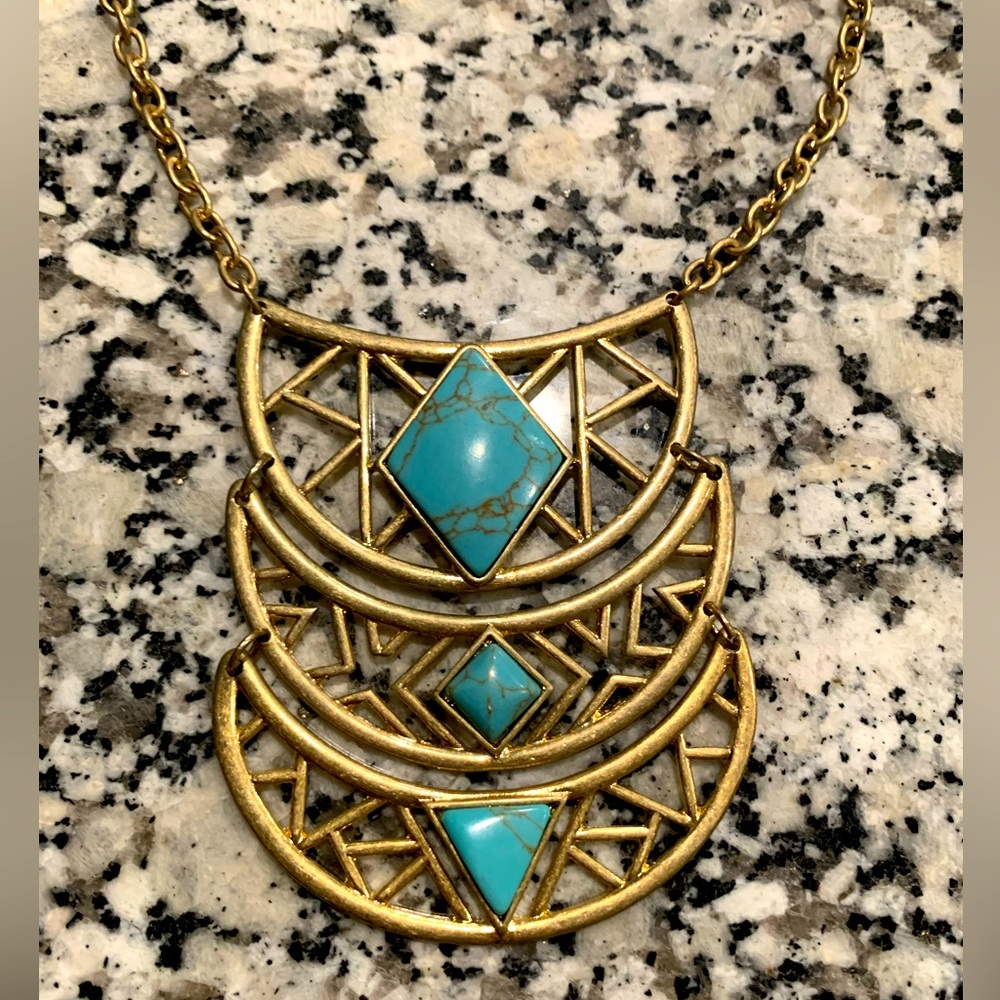 Statement necklace faux turquoise and gold